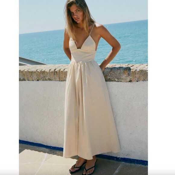 Zara Poplin Midi Dress NWT Beige White Size Small - Picture 1 of 8